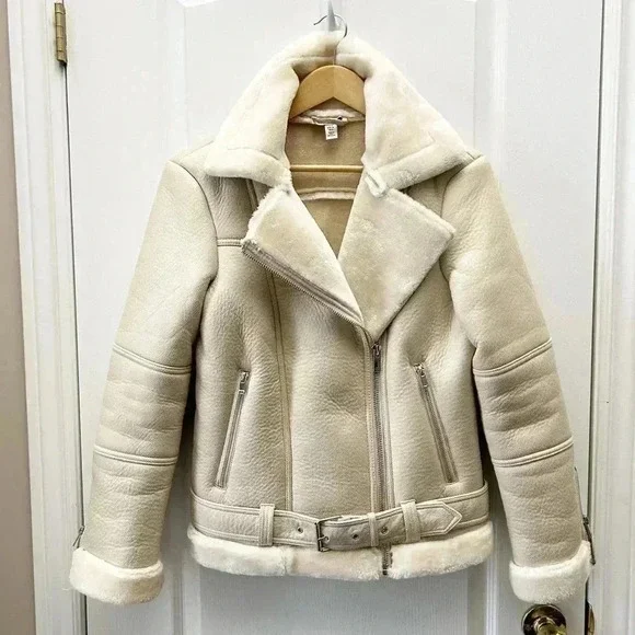 Topshop Cora Faux Shearling Moto Aviator Biker Jacket Cream Ecru Size 4 NWOT - Picture 3 of 16